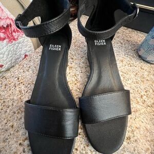 Eileen Fisher Black Leather Wedge Heel Sandals